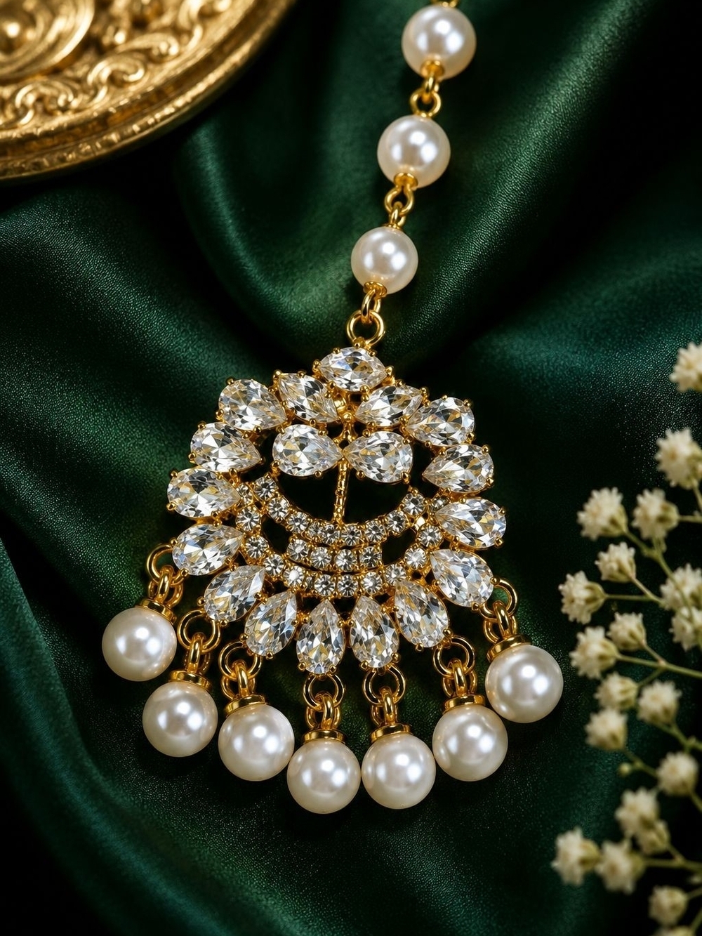 Gold Pearl Teardrop Maang Tikka Hair Jewelry - Picture 3 of 7